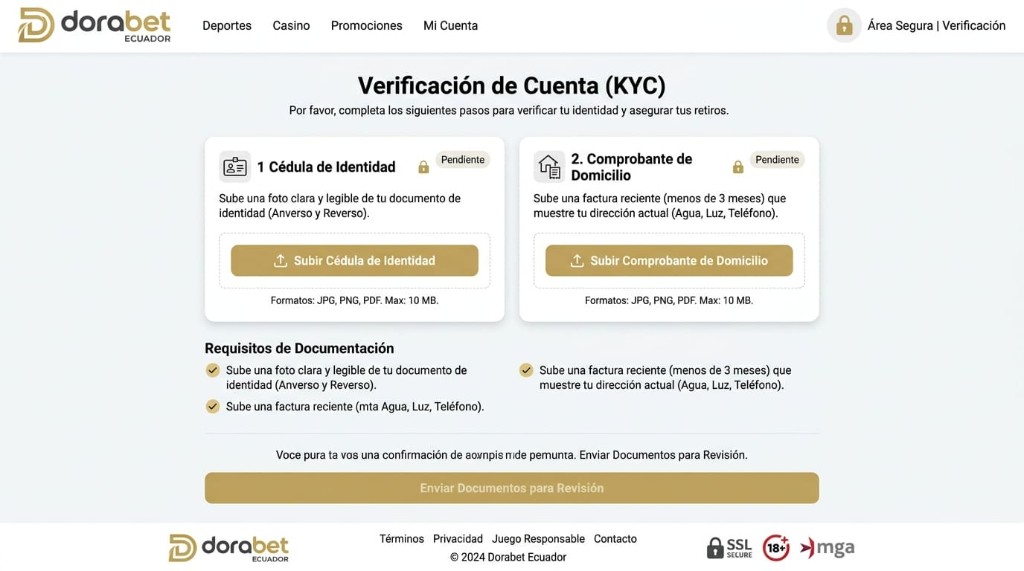 Carga de cédula y comprobante de domicilio en el flujo KYC de Dorabet